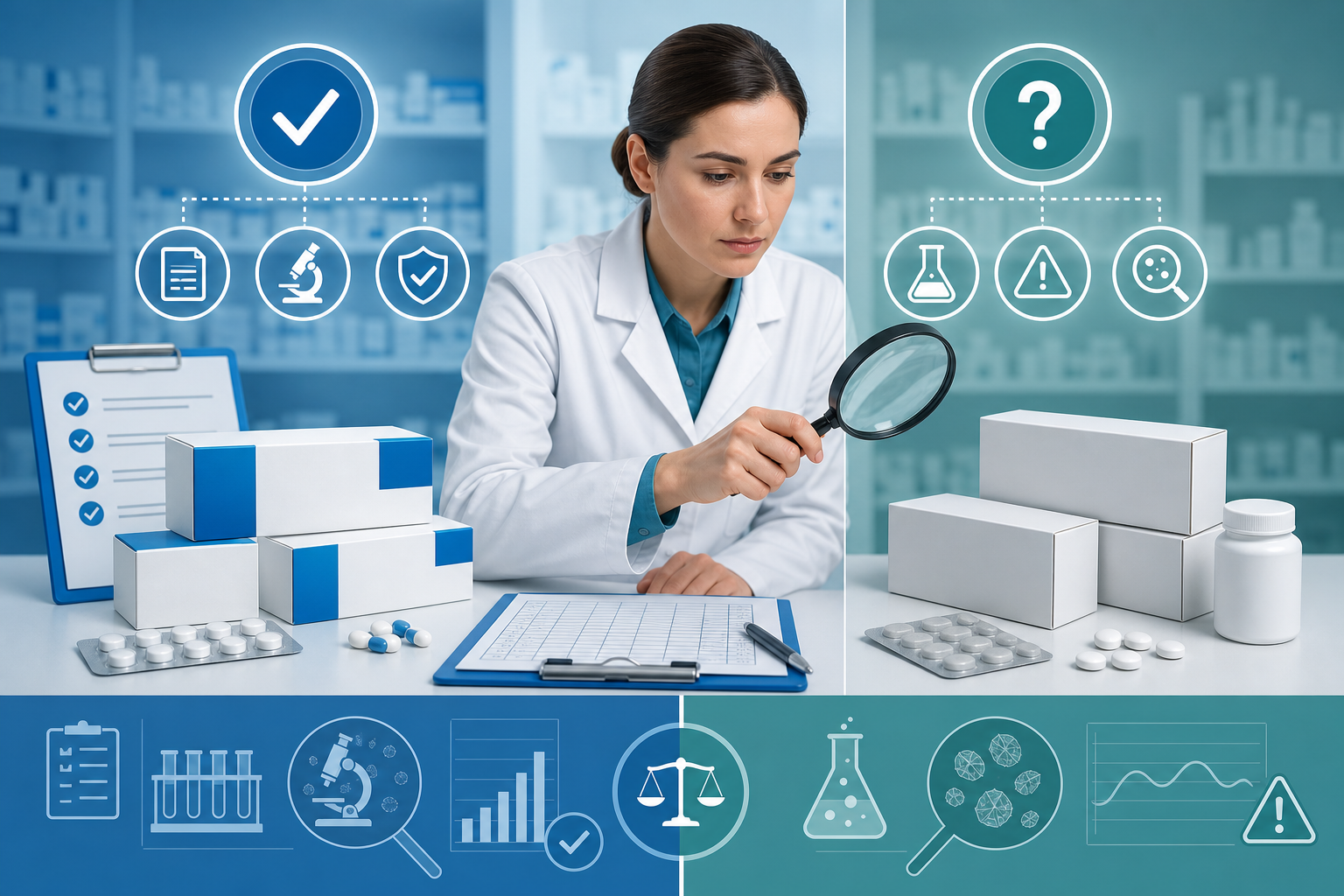 Pharmacist comparing authorised sildenafil with an unverified medicine