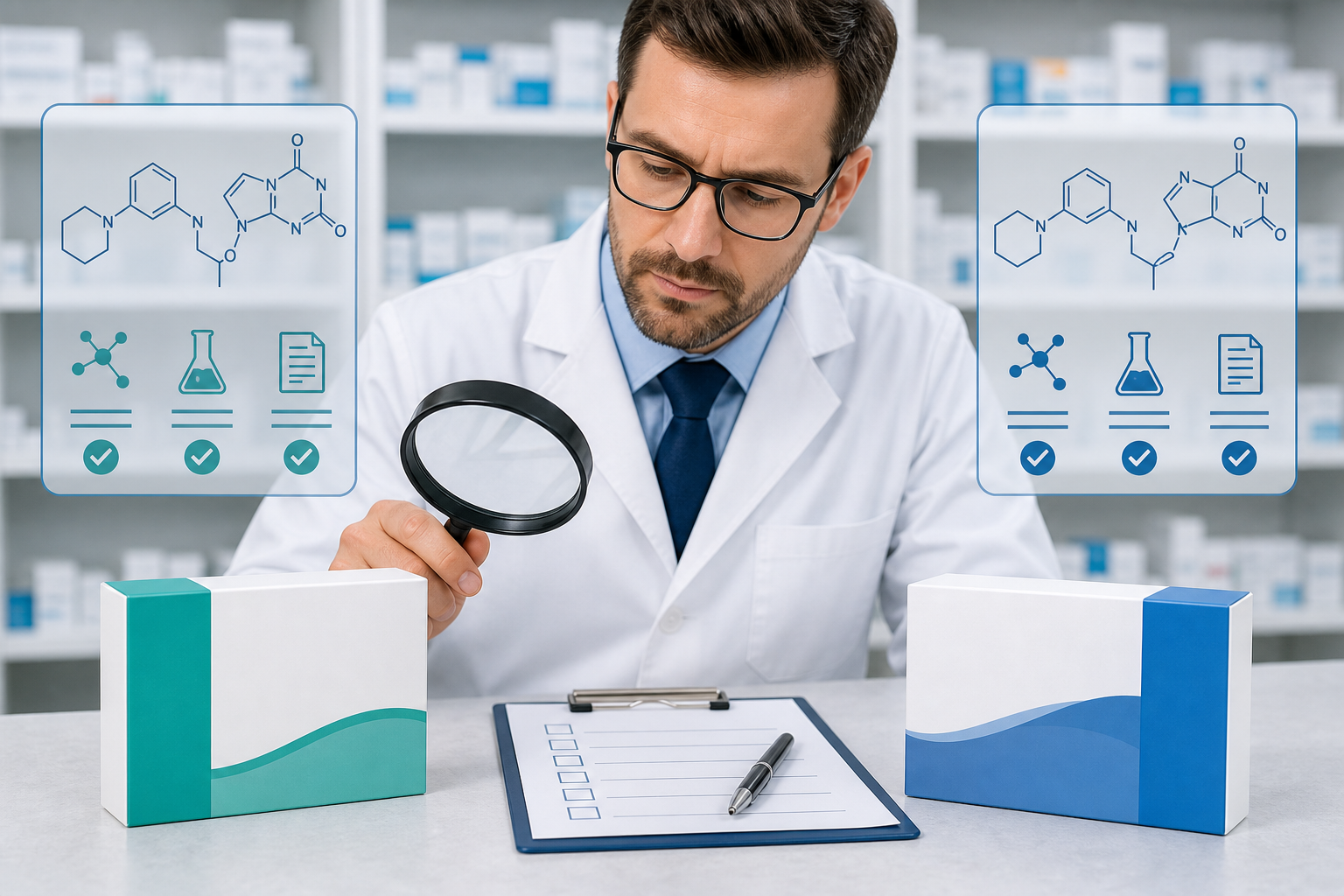 Pharmacist comparing Aurogra claims with authorised sildenafil quality checks