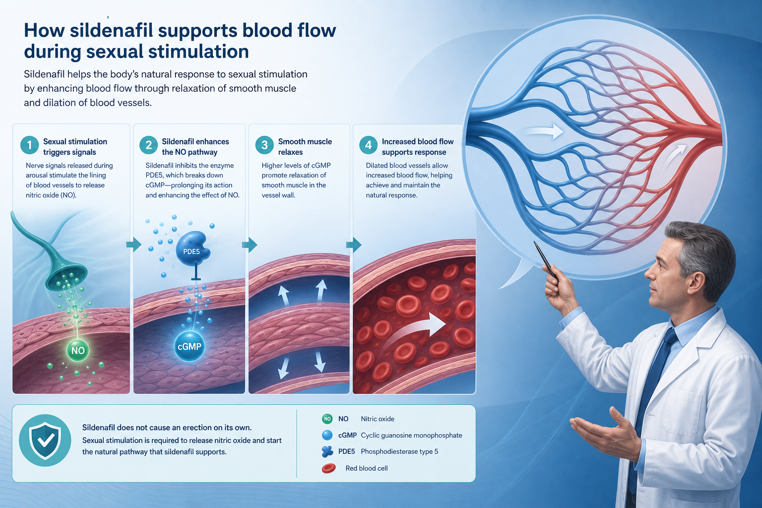 Medical illustration explaining how sildenafil supports blood flow