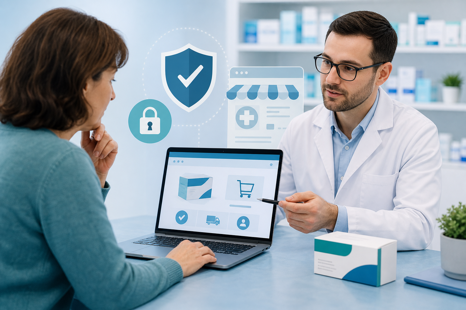 Patient and pharmacist checking an online medicine supplier