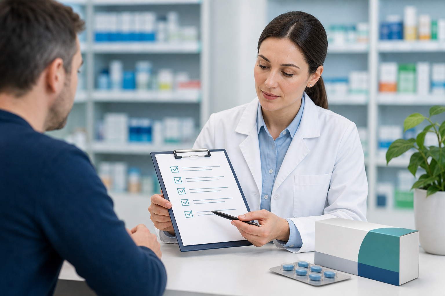 Pharmacist discussing Cenforce and sildenafil safety checks with a patient