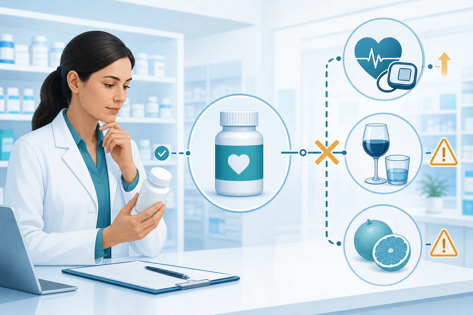 Pharmacist reviewing tadalafil medicine food and alcohol interactions